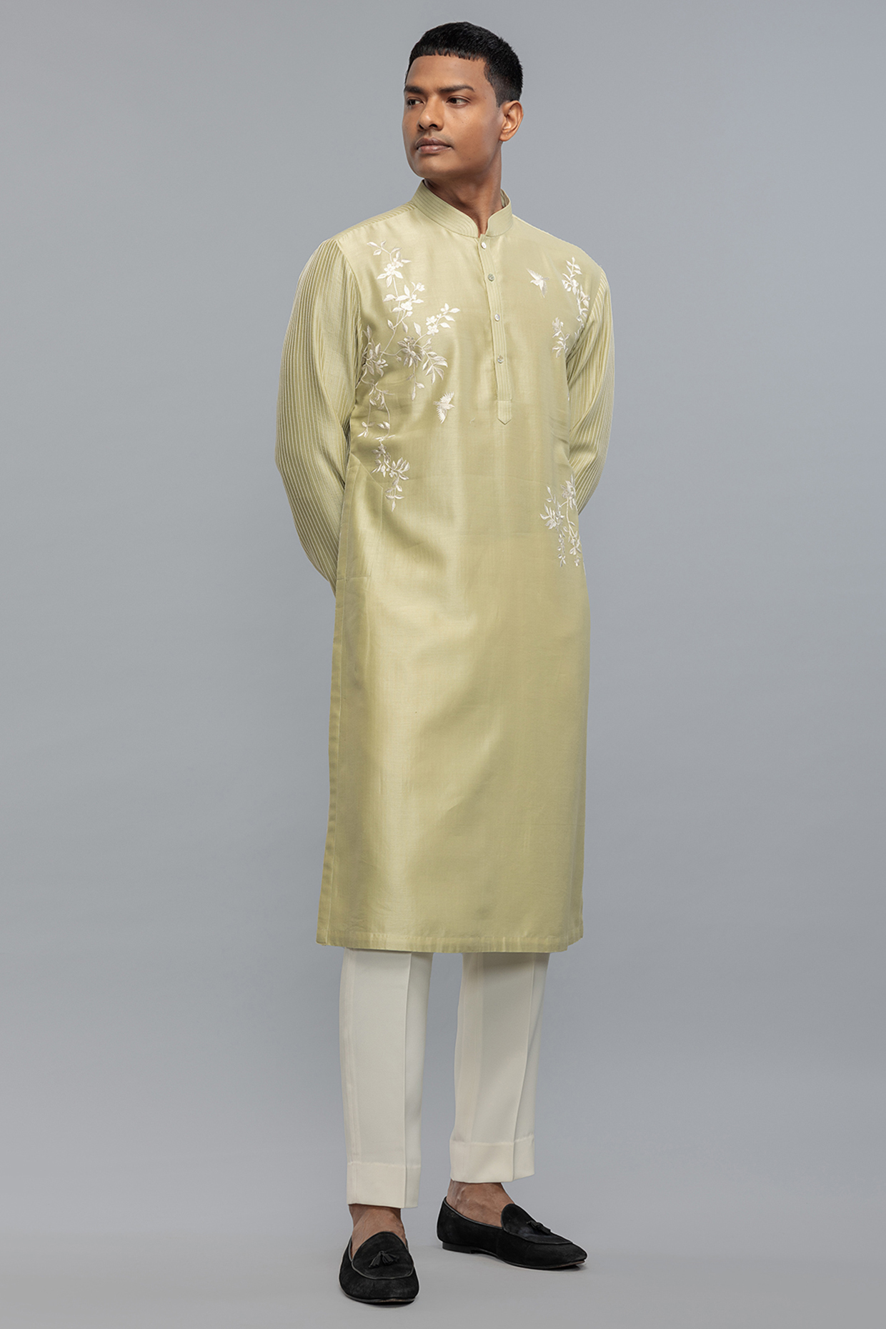 Sage Green Chanderi Embroidered Kurta Set by Rohit Bal Men