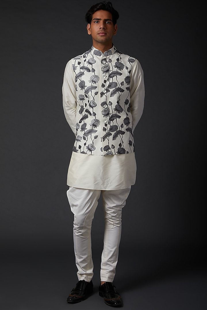 Ivory Printed Bundi Jacket by Rohit Bal Men