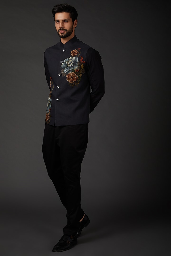 Indigo Blue Printed Bundi Jacket by Rohit Bal Men