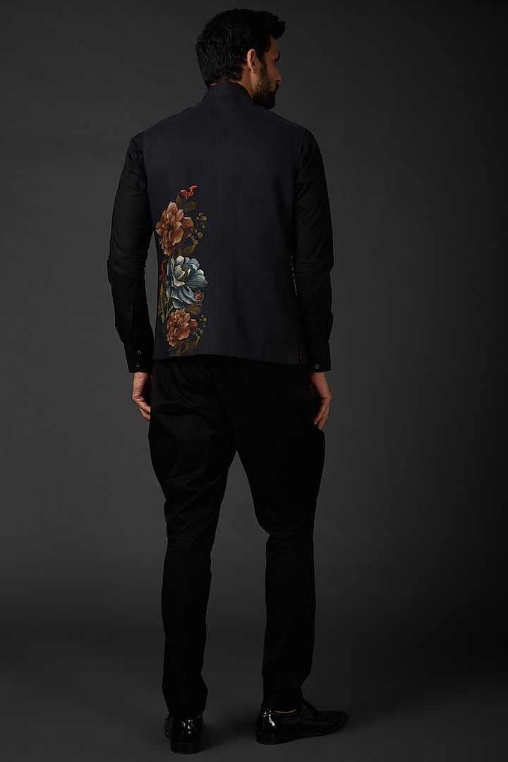 Indigo Blue Chanderi Printed Bundi Jacket by Rohit Bal Men at Pernia's Pop Up Shop