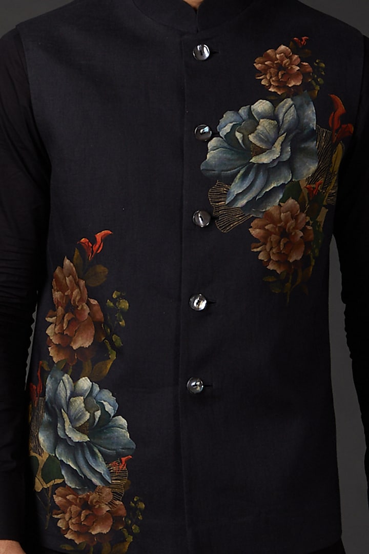Indigo Blue Chanderi Printed Bundi Jacket by Rohit Bal Men at Pernia's Pop Up Shop