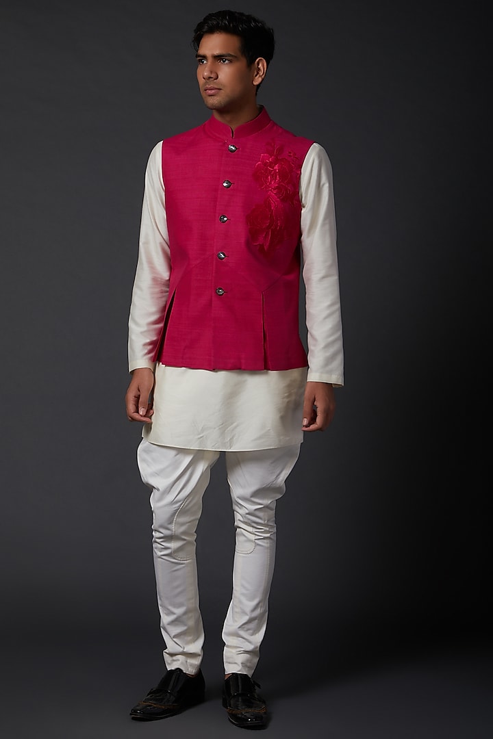Dark Pink Embroidered Bundi Jacket by Rohit Bal Men