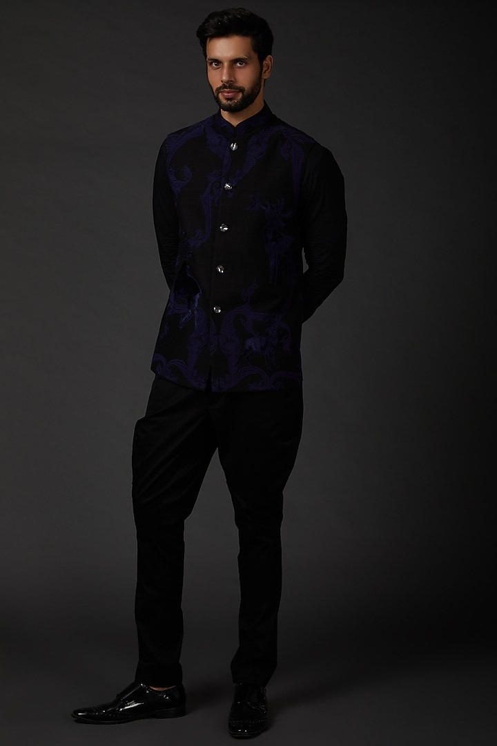 Indigo Blue Embroidered Bundi Jacket by Rohit Bal Men at Pernia's Pop Up Shop