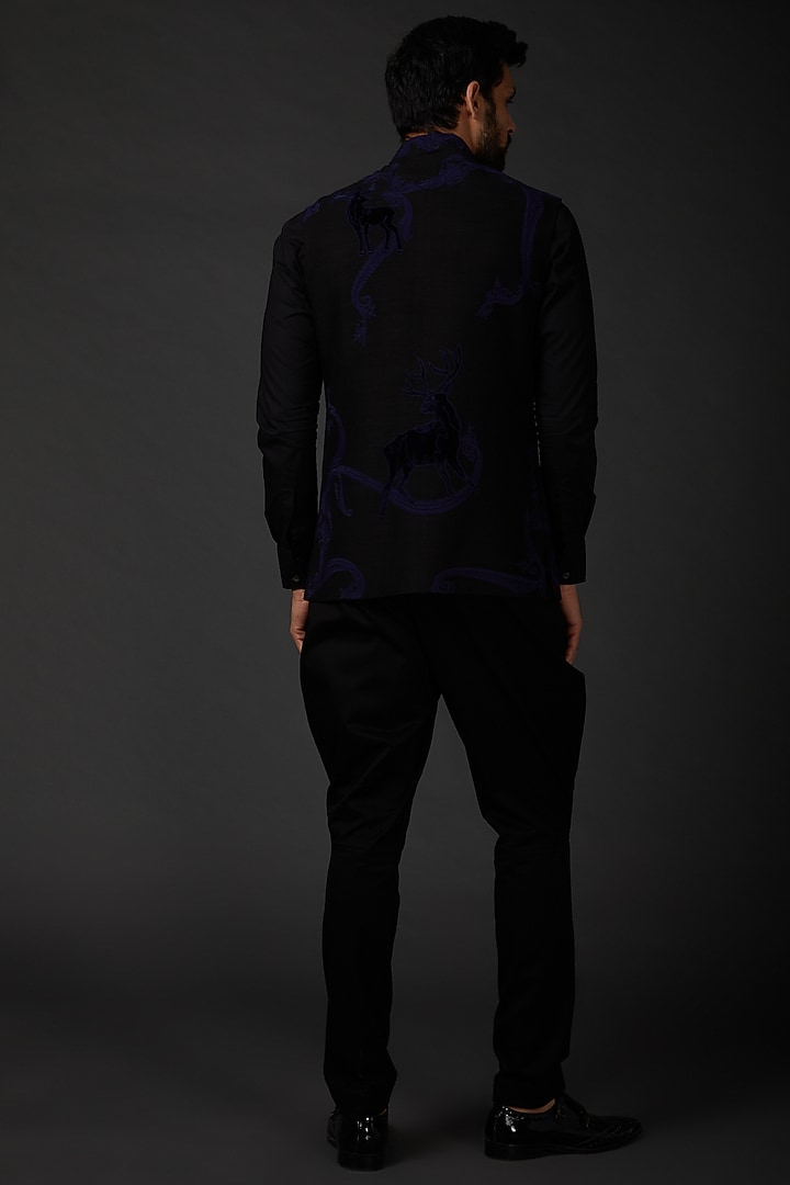 Indigo Blue Embroidered Bundi Jacket by Rohit Bal Men at Pernia's Pop Up Shop