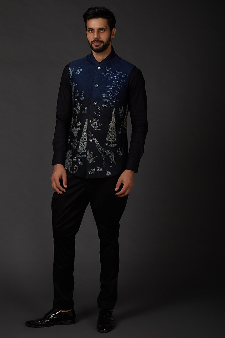 Indigo Blue Chanderi Shibori Bundi Jacket by Rohit Bal Men at Pernia's Pop Up Shop
