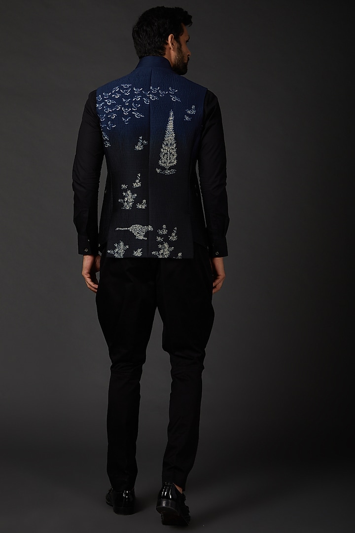 Indigo Blue Chanderi Shibori Bundi Jacket by Rohit Bal Men at Pernia's Pop Up Shop