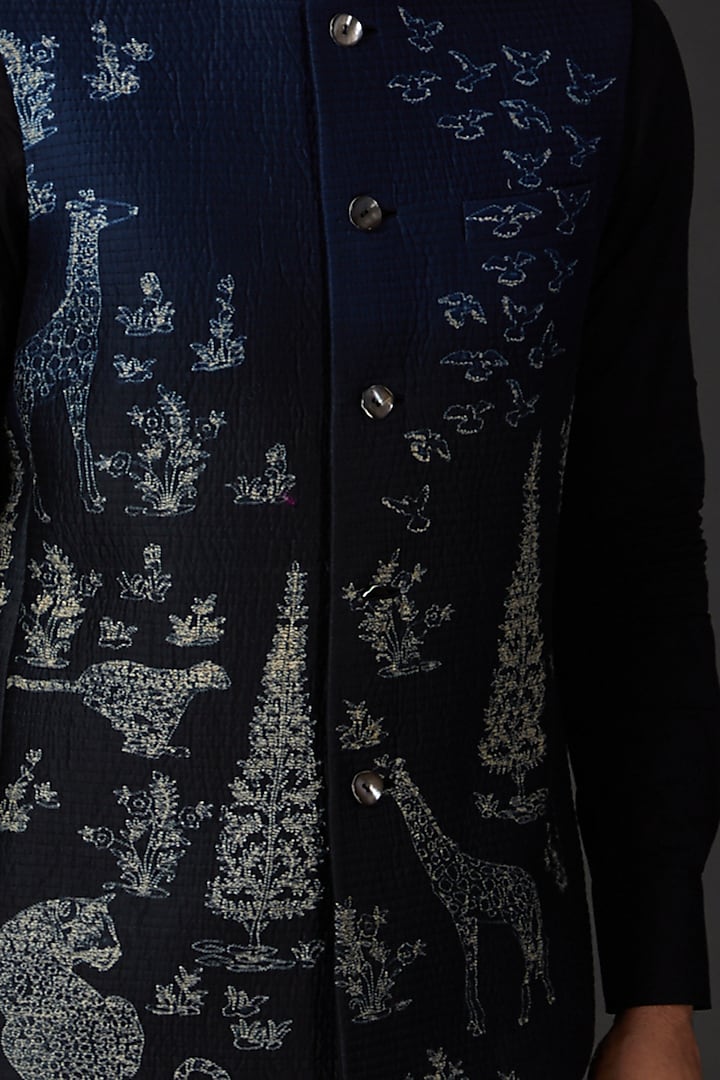 Indigo Blue Chanderi Shibori Bundi Jacket by Rohit Bal Men at Pernia's Pop Up Shop