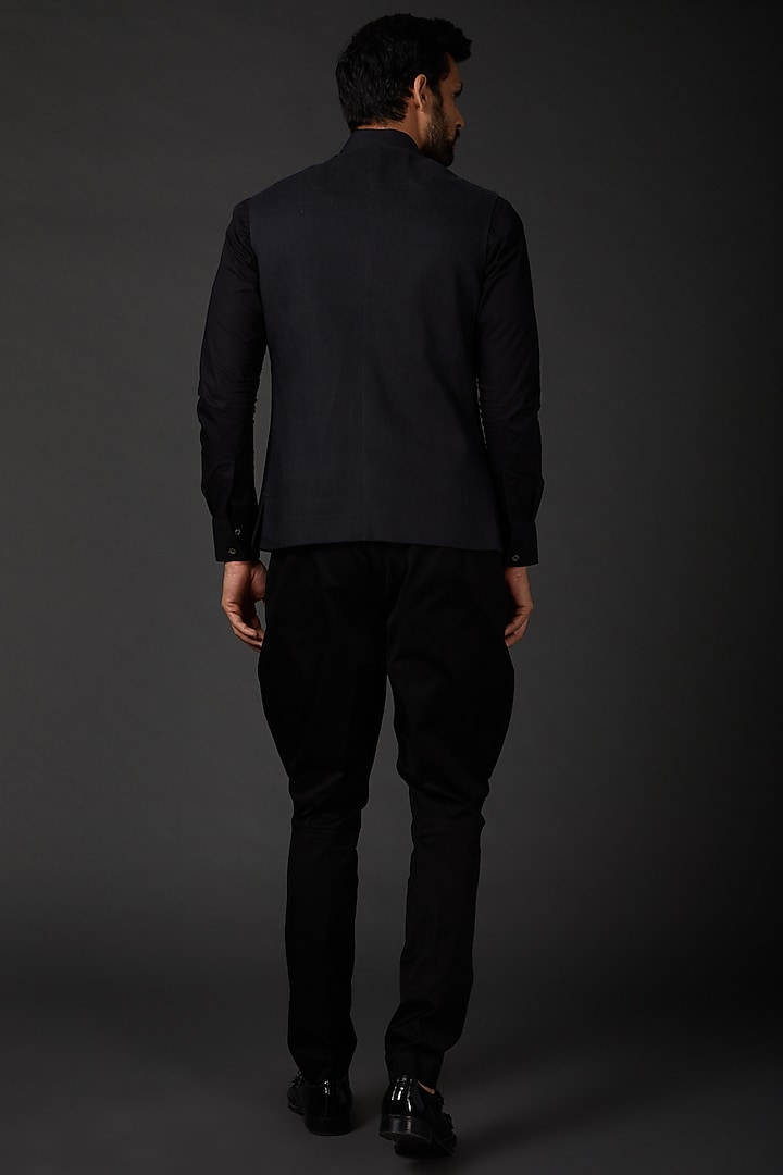 Indigo Blue Chanderi Bundi Jacket by Rohit Bal Men at Pernia's Pop Up Shop