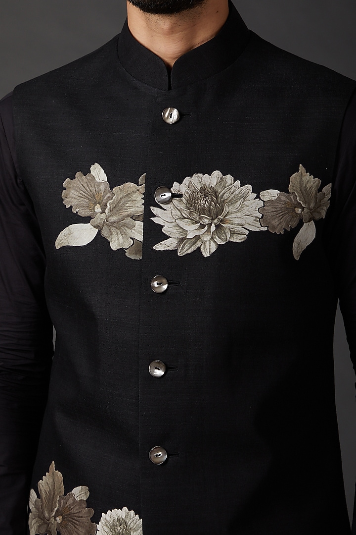 Black Chanderi Machine Embroidered & Digital Printed Bundi Jacket by Rohit Bal Men at Pernia's Pop Up Shop