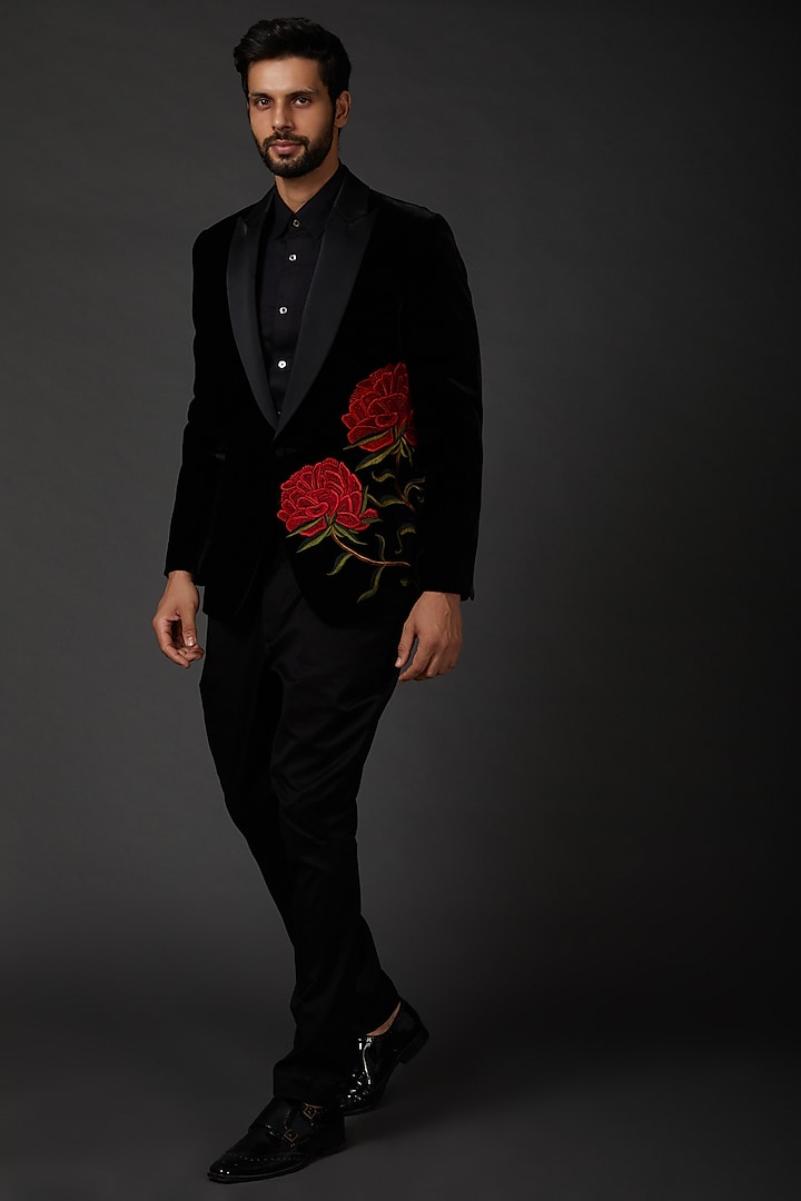 Black Silk Velvet Jacket by Rohit Bal Men