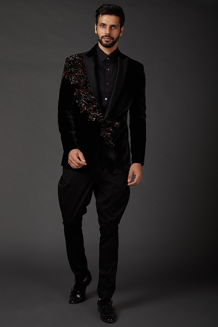 Black Velvet Embroidered Jacket by Rohit Bal Men