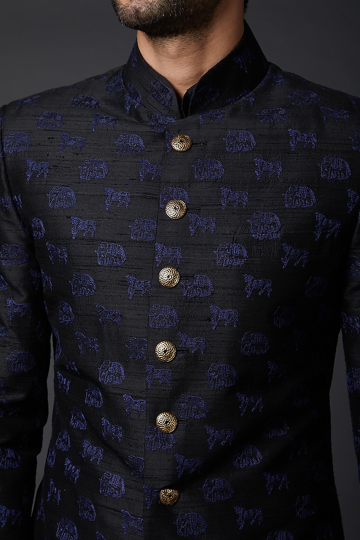 Black Dupion Silk Groom Sherwani by Rohit Bal Men at Pernia's Pop Up Shop