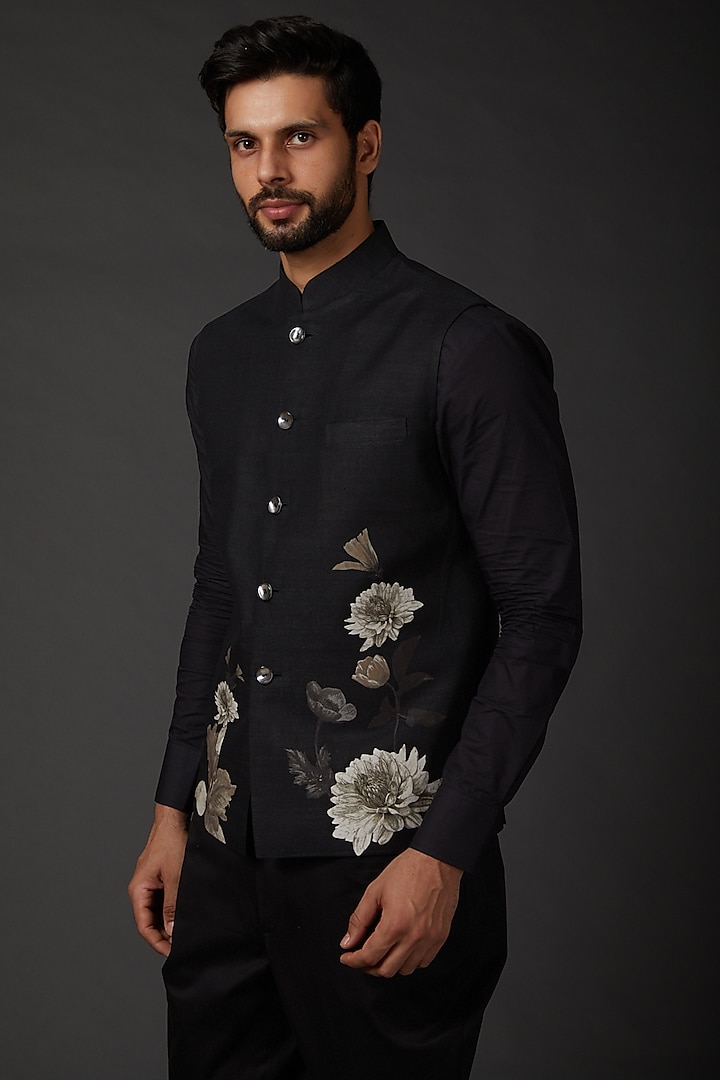 Black Linen Digital Printed Bundi Jacket by Rohit Bal Men at Pernia's Pop Up Shop