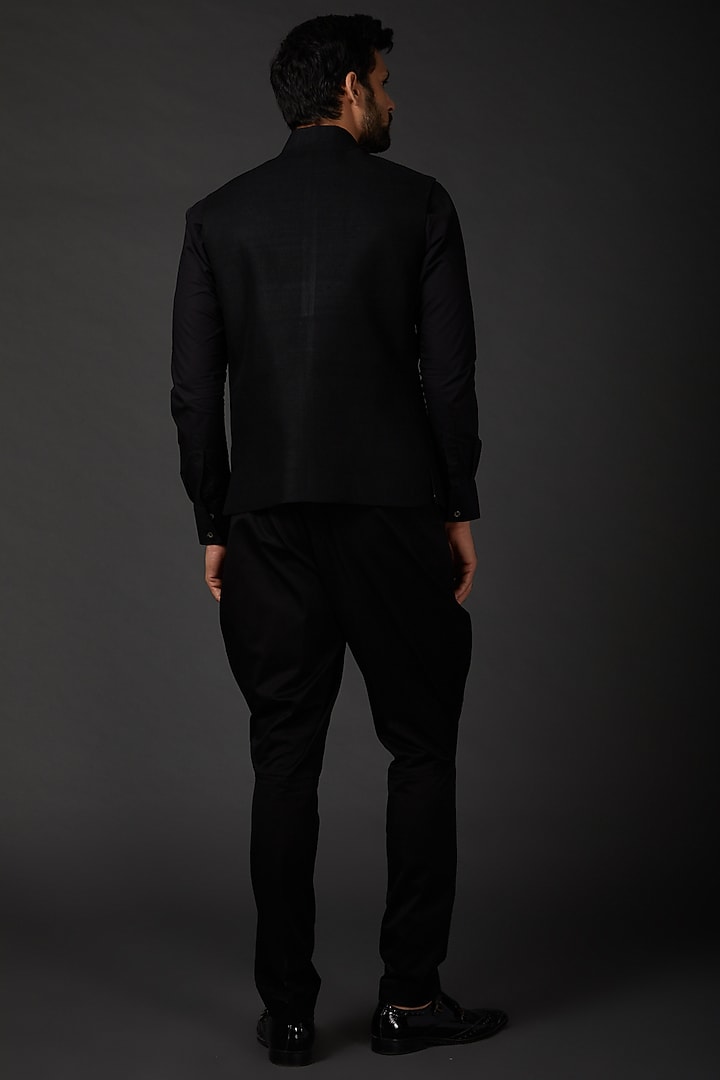 Black Linen Digital Printed Bundi Jacket by Rohit Bal Men at Pernia's Pop Up Shop