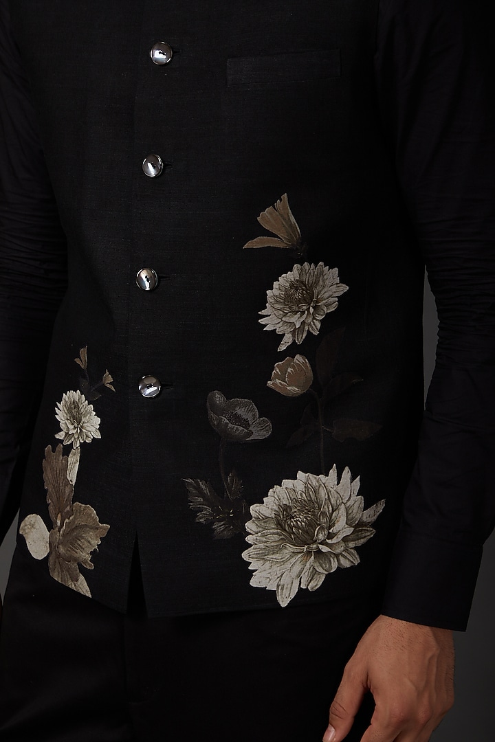 Black Linen Digital Printed Bundi Jacket by Rohit Bal Men at Pernia's Pop Up Shop