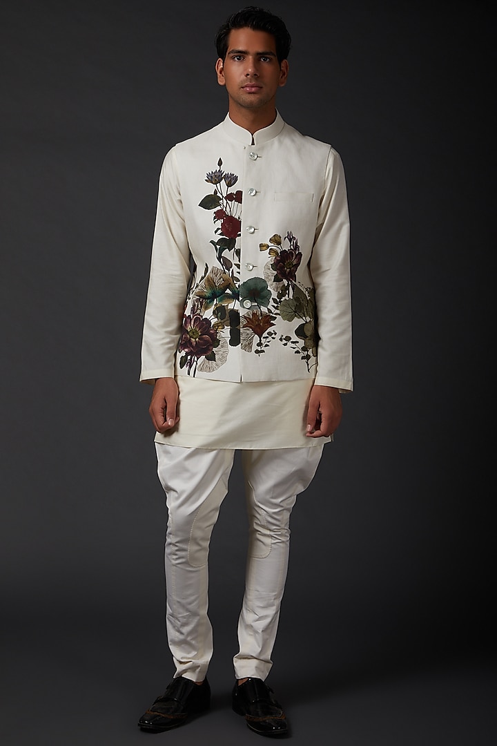 Ivory Bundi Jacket With Digital Print by Rohit Bal Men