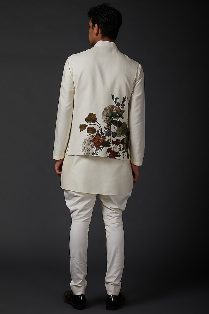 Ivory Linen Digital Printed Bundi Jacket by Rohit Bal Men at Pernia's Pop Up Shop