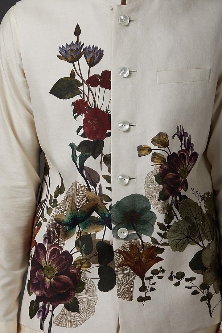 Ivory Linen Digital Printed Bundi Jacket by Rohit Bal Men at Pernia's Pop Up Shop