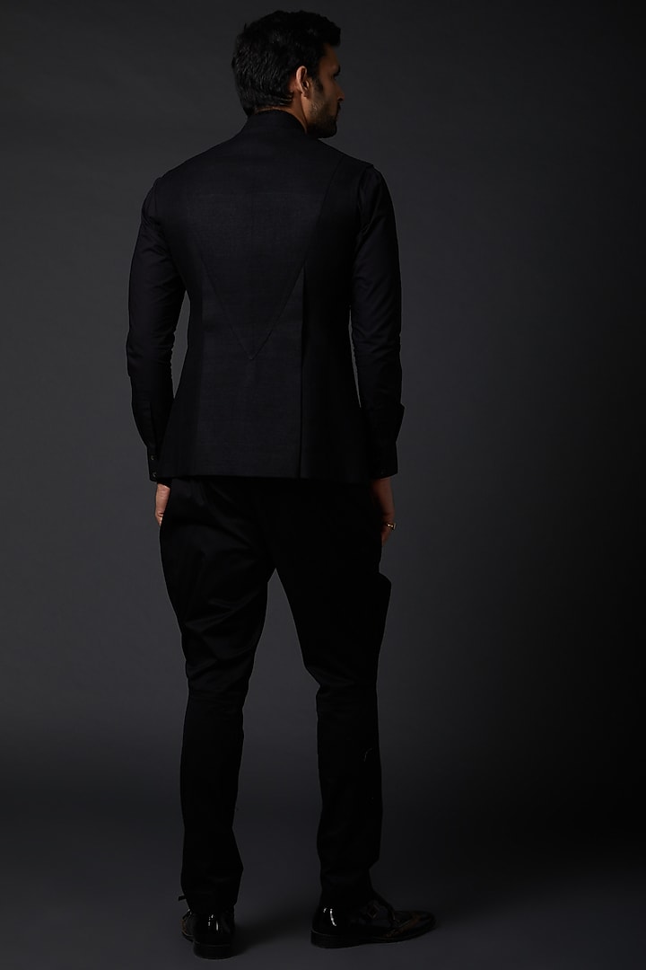 Black Linen Embroidered Bundi Jacket by Rohit Bal Men at Pernia's Pop Up Shop