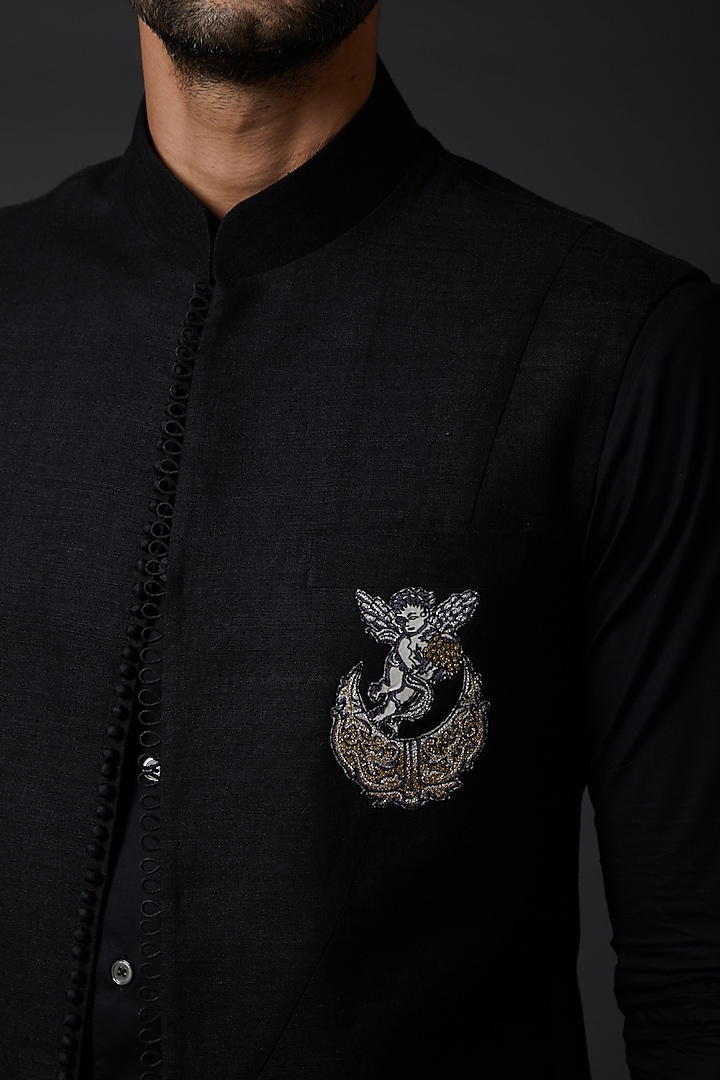 Black Linen Embroidered Bundi Jacket by Rohit Bal Men at Pernia's Pop Up Shop