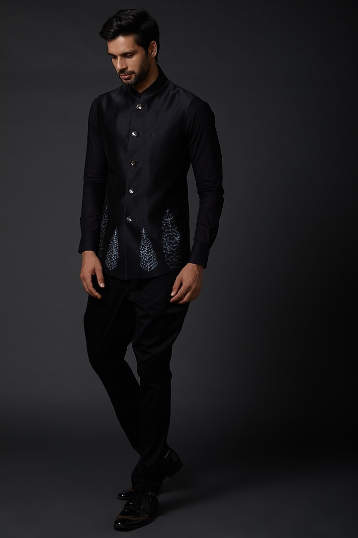Indigo Blue Chanderi Bundi Jacket by Rohit Bal Men at Pernia's Pop Up Shop