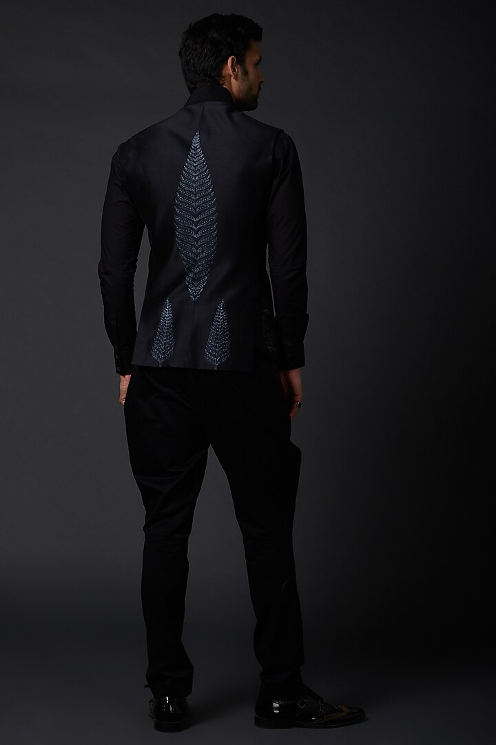 Indigo Blue Chanderi Bundi Jacket by Rohit Bal Men at Pernia's Pop Up Shop