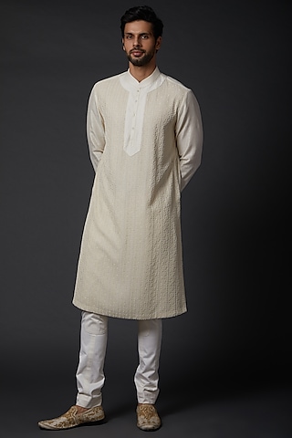 Ivory Embroidered Kurta Set by rohit bal men