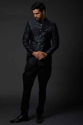Indigo Blue Chanderi Bandhgala Jacket by Rohit Bal Men