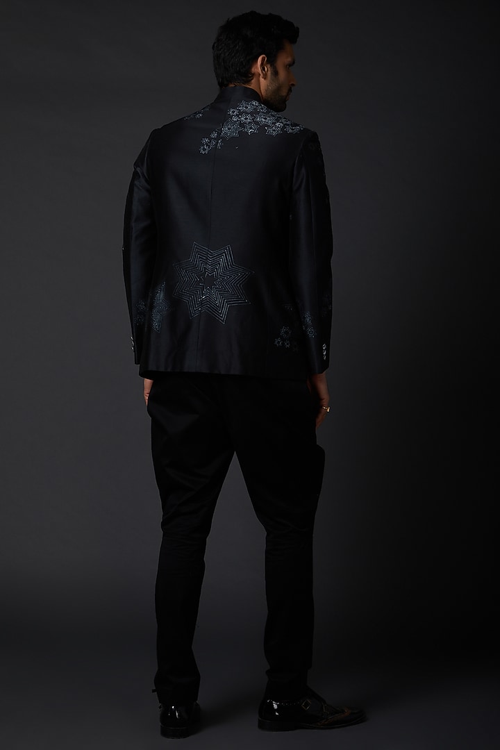 Indigo Blue Chanderi Wedding Bandhgala Jacket by Rohit Bal Men at Pernia's Pop Up Shop