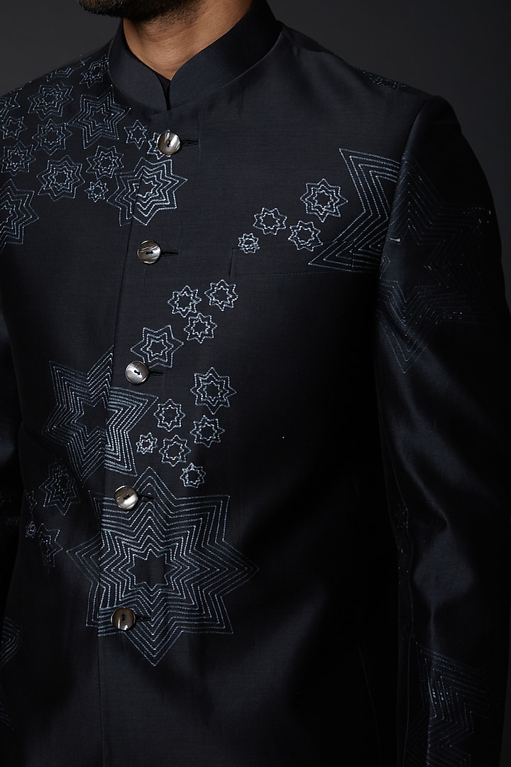 Indigo Blue Chanderi Wedding Bandhgala Jacket by Rohit Bal Men at Pernia's Pop Up Shop
