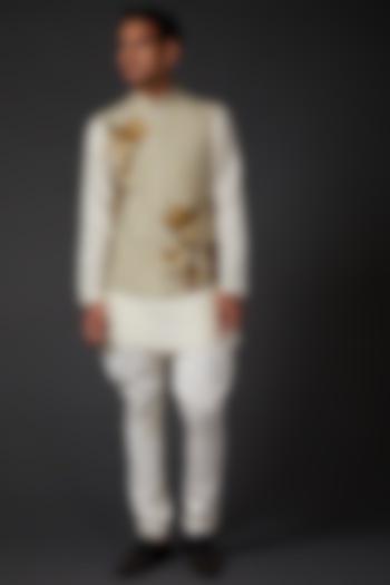 Beige Digital Printed Bundi Jacket by Rohit Bal Men