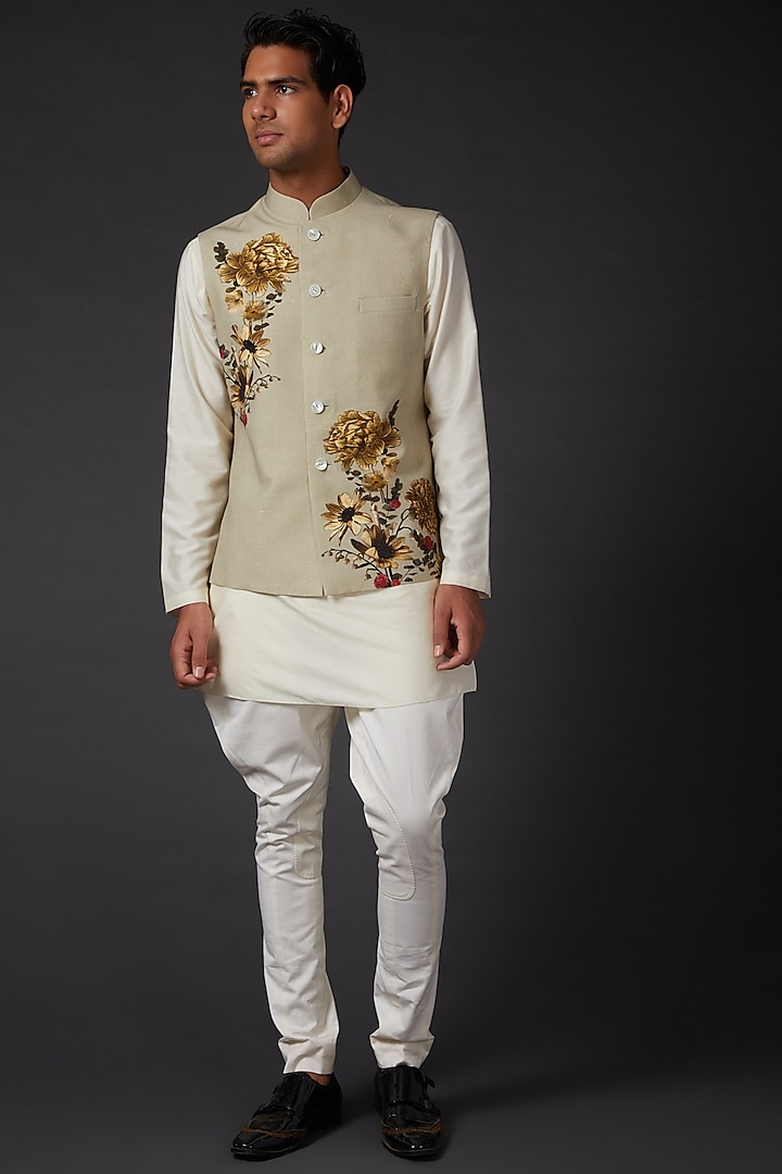 Beige Digital Printed Bundi Jacket by Rohit Bal Men