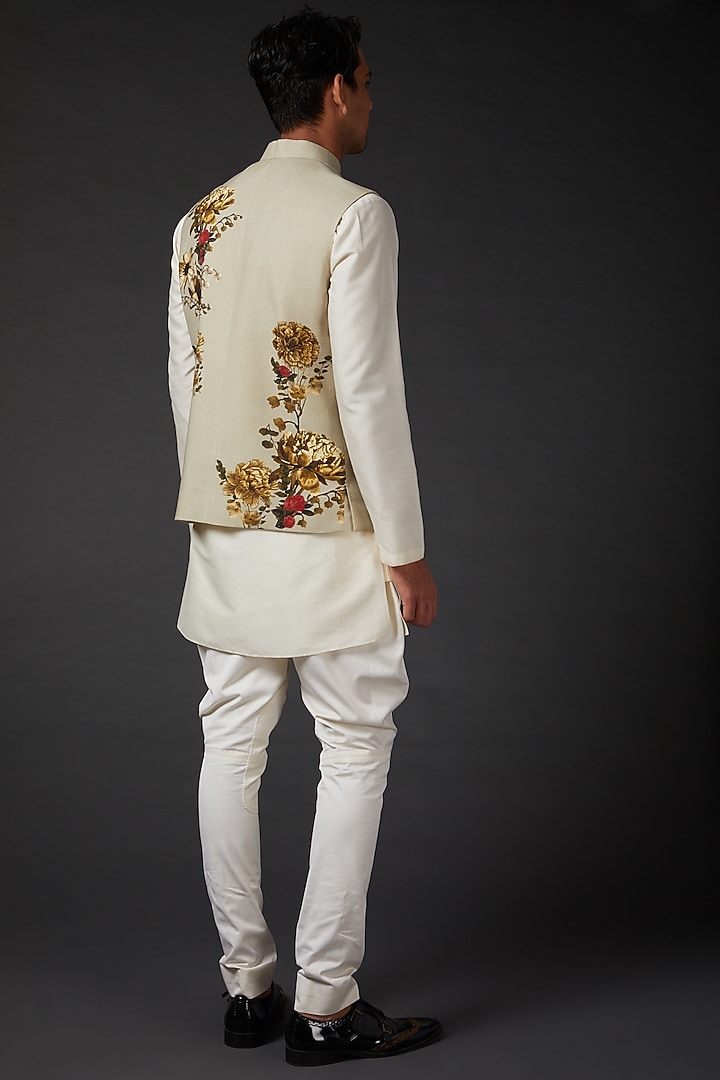 Beige Linen Digital Printed Bundi Jacket by Rohit Bal Men at Pernia's Pop Up Shop