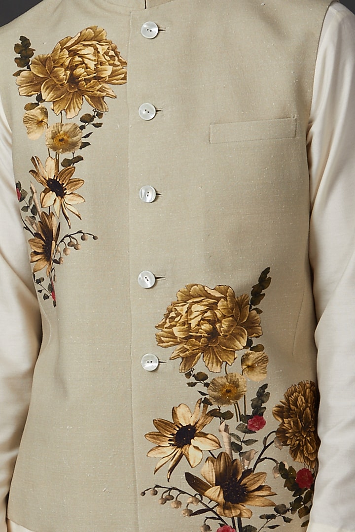 Beige Linen Digital Printed Bundi Jacket by Rohit Bal Men at Pernia's Pop Up Shop