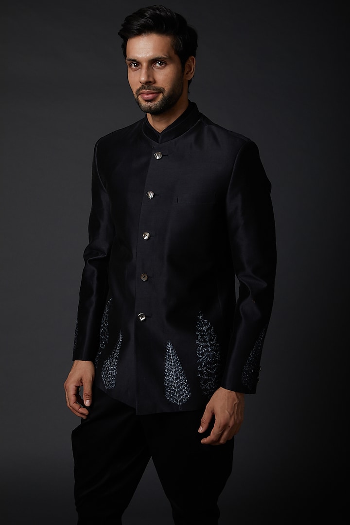 Indigo Chanderi Shibori Wedding Bandhgala by Rohit Bal Men at Pernia's Pop Up Shop