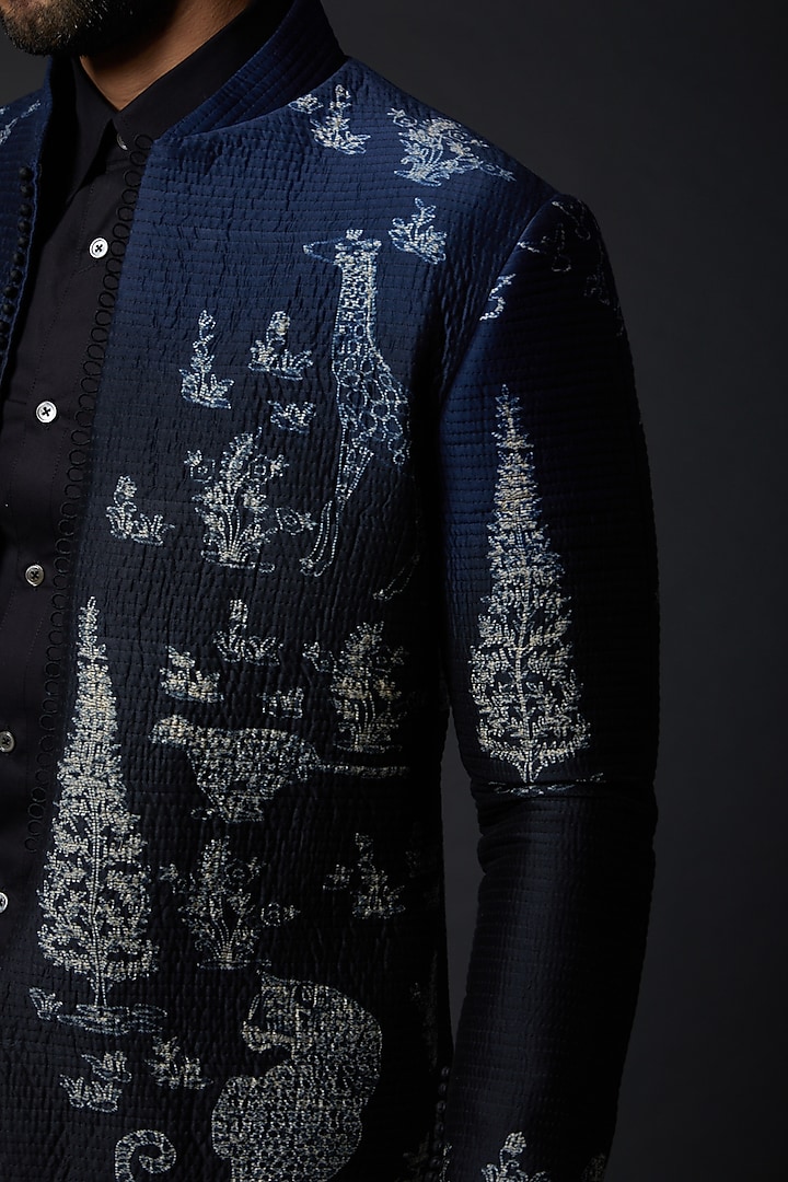 Indigo Chanderi Embroidered Wedding Bandhgala by Rohit Bal Men at Pernia's Pop Up Shop