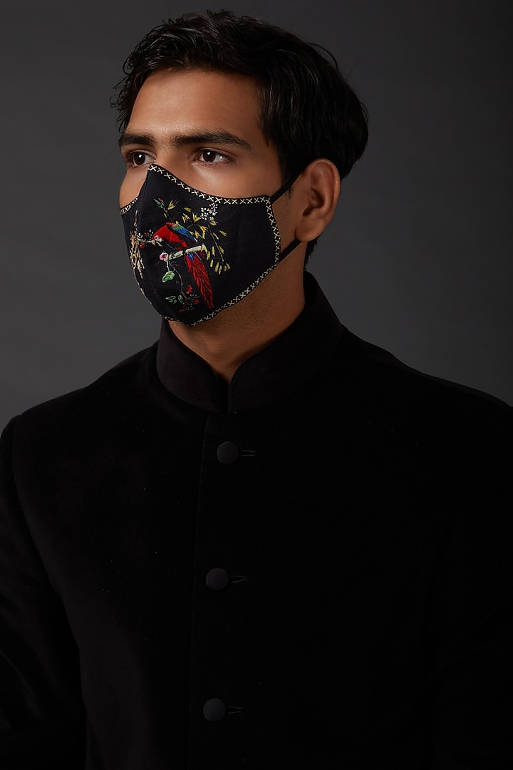 Indigo Blue Embroidered Linen Mask by Rohit Bal Men at Pernia's Pop Up Shop