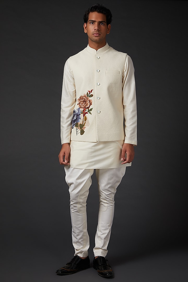 Ivory Embroidered Bundi Jacket  by Rohit Bal Men
