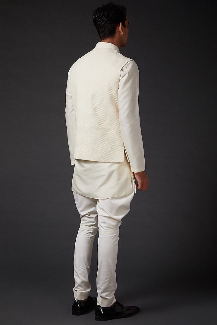 Ivory Linen Embroidered Bundi Jacket by Rohit Bal Men at Pernia's Pop Up Shop