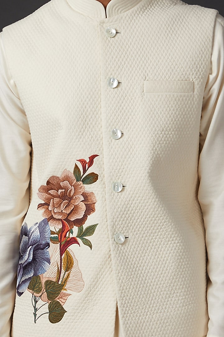 Ivory Linen Embroidered Bundi Jacket by Rohit Bal Men at Pernia's Pop Up Shop