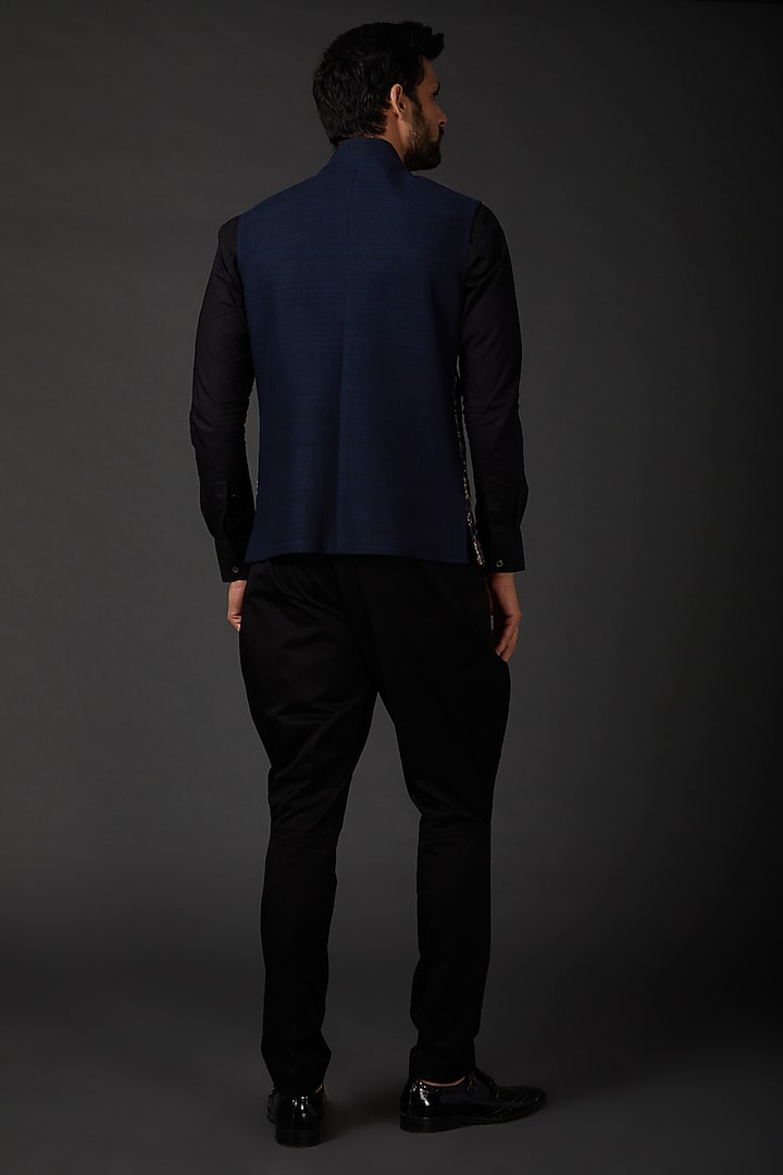 Indigo Blue Matka Silk Bundi Jacket by Rohit Bal Men at Pernia's Pop Up Shop