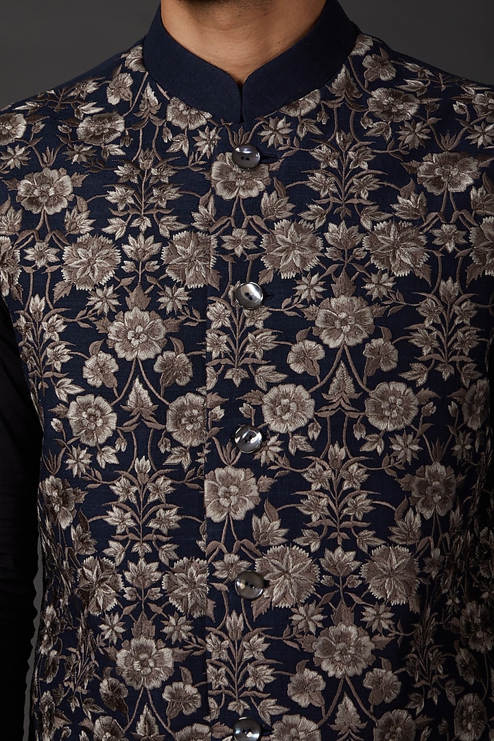 Indigo Blue Matka Silk Bundi Jacket by Rohit Bal Men at Pernia's Pop Up Shop