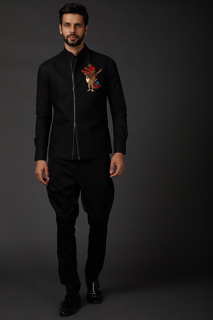 Black Matka Silk Embroidered Bundi Jacket by Rohit Bal Men at Pernia's Pop Up Shop