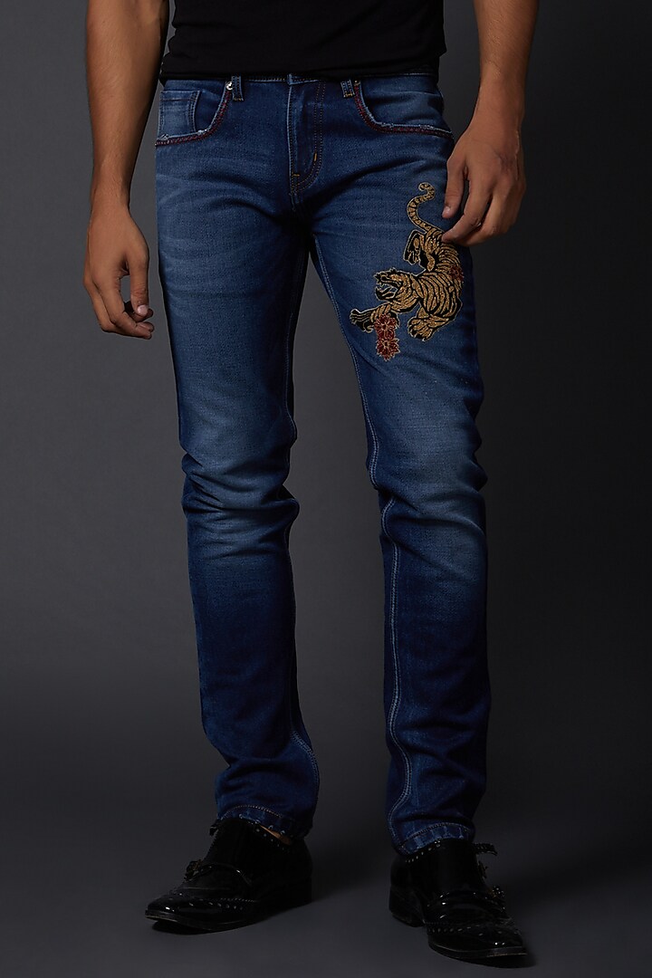 Midnight Blue Tiger Embroidered Jeans by Rohit Bal Men
