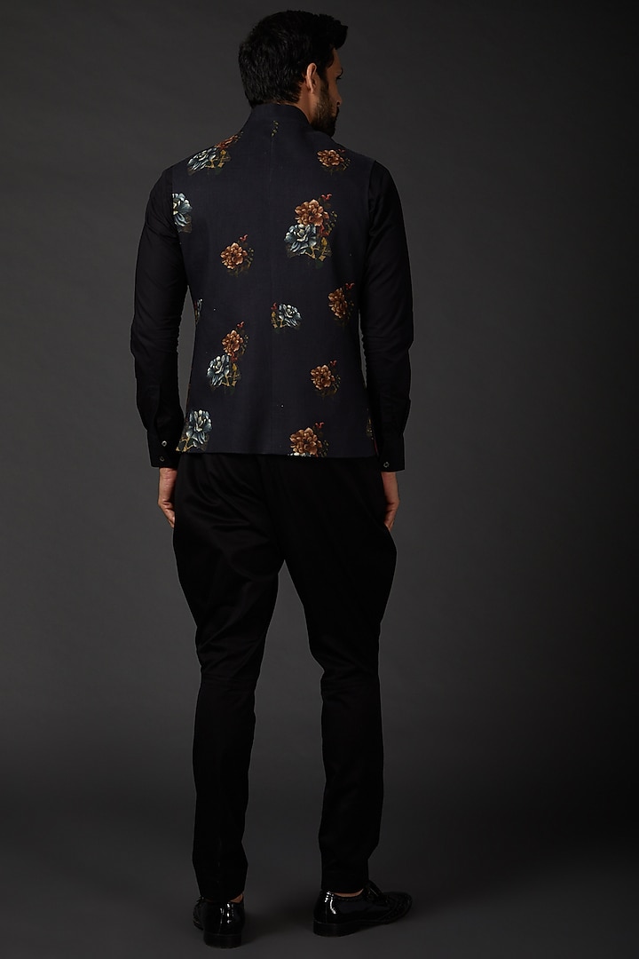 Indigo Blue Linen Digital Printed Bundi Jacket by Rohit Bal Men at Pernia's Pop Up Shop