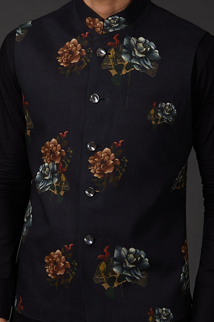 Indigo Blue Linen Digital Printed Bundi Jacket by Rohit Bal Men at Pernia's Pop Up Shop