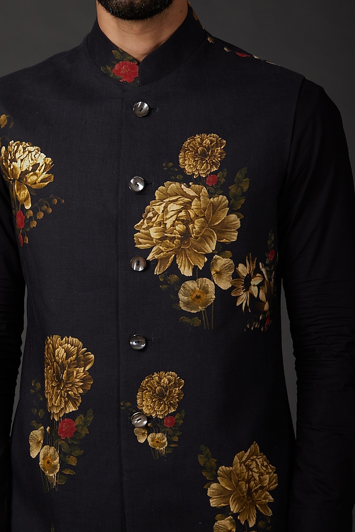 Indigo Blue Linen Digital Printed Bundi Jacket by Rohit Bal Men at Pernia's Pop Up Shop