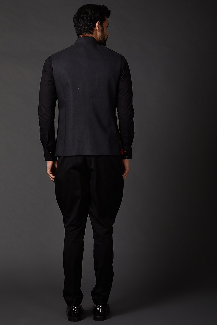 Indigo Blue Linen Digital Printed Bundi Jacket by Rohit Bal Men at Pernia's Pop Up Shop