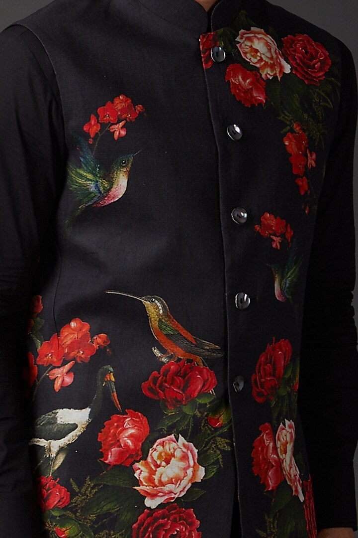 Indigo Blue Linen Digital Printed Bundi Jacket by Rohit Bal Men at Pernia's Pop Up Shop