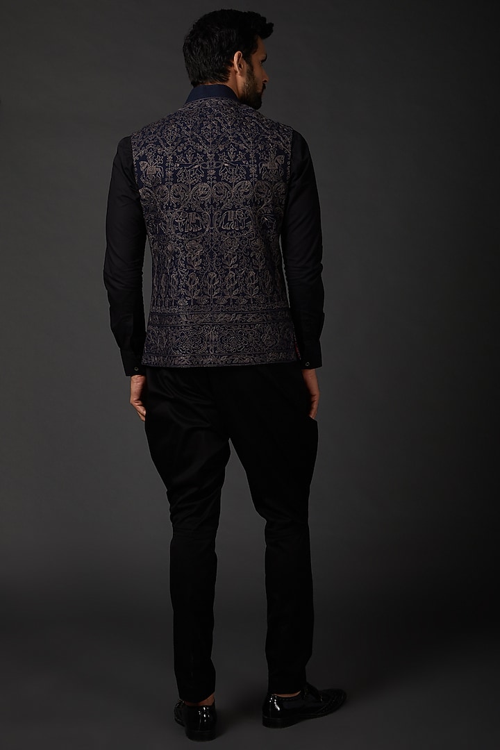 Indigo Blue Matka Machine Embroidered Bundi Jacket by Rohit Bal Men at Pernia's Pop Up Shop